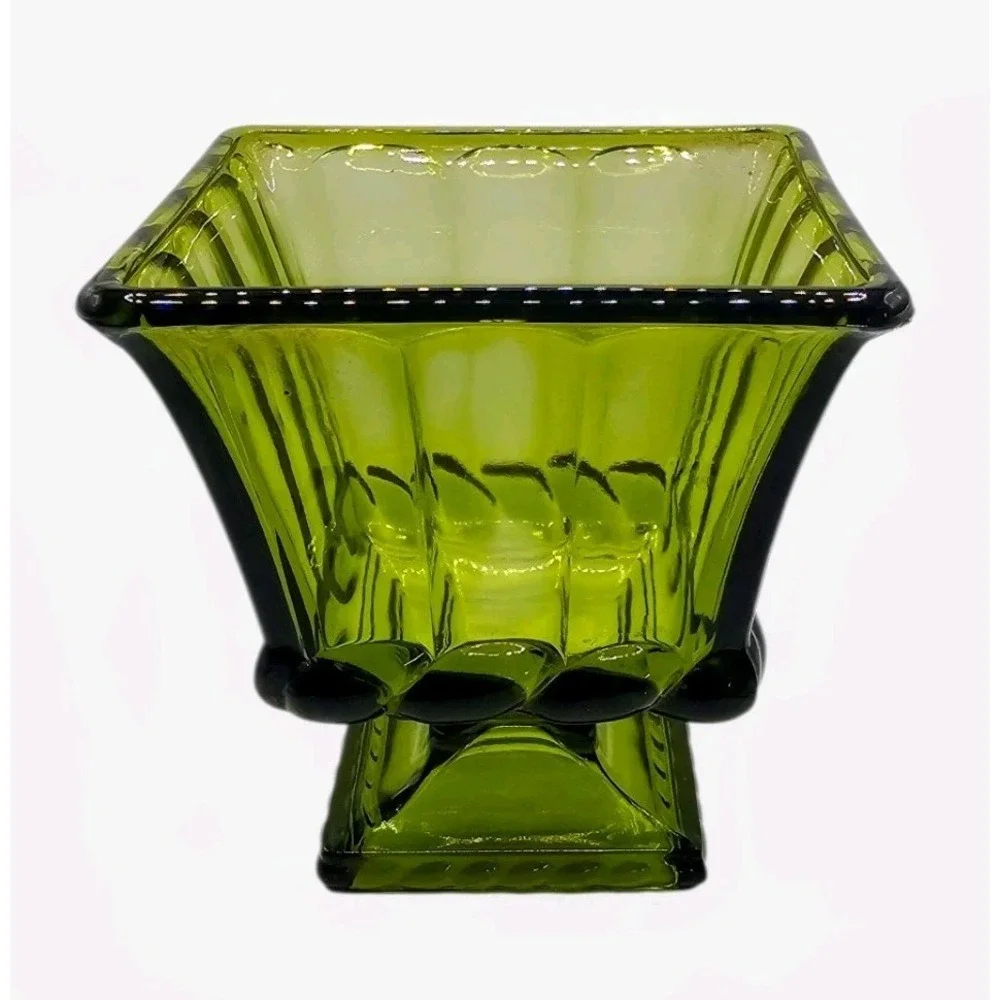 VTG 60s Heavy Olive Green Glass Rectangle Compote /Candy Dish Footed Ribbed Base